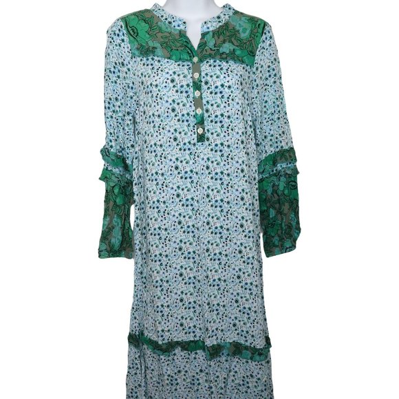 R. Vivimos Maxi Dress S Green Floral Ruffles Long Sleeve Peasant Prairie Cottage - Picture 6 of 9